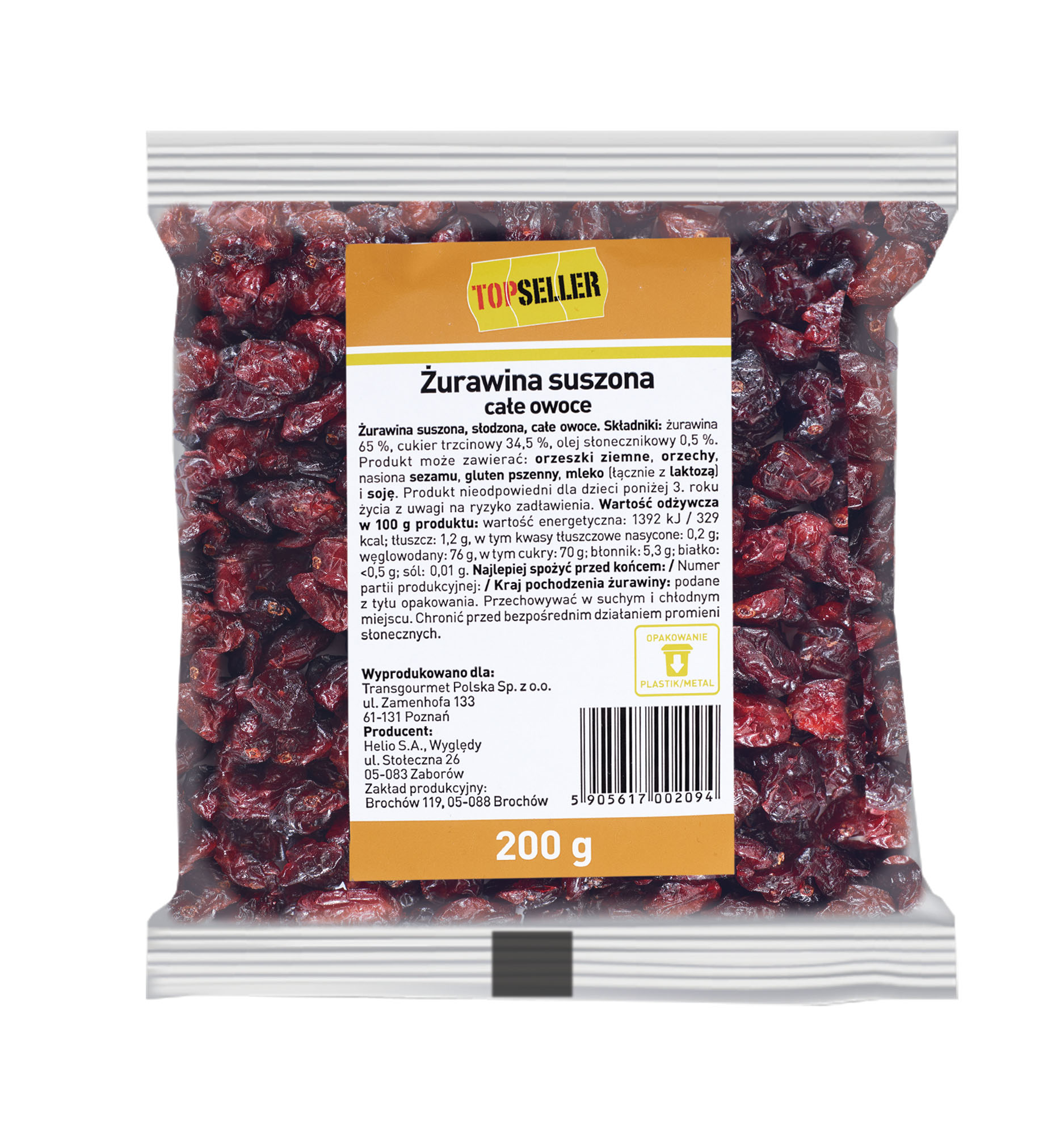 Żurawina Suszona, Całe Owoce 200 G Topseller
