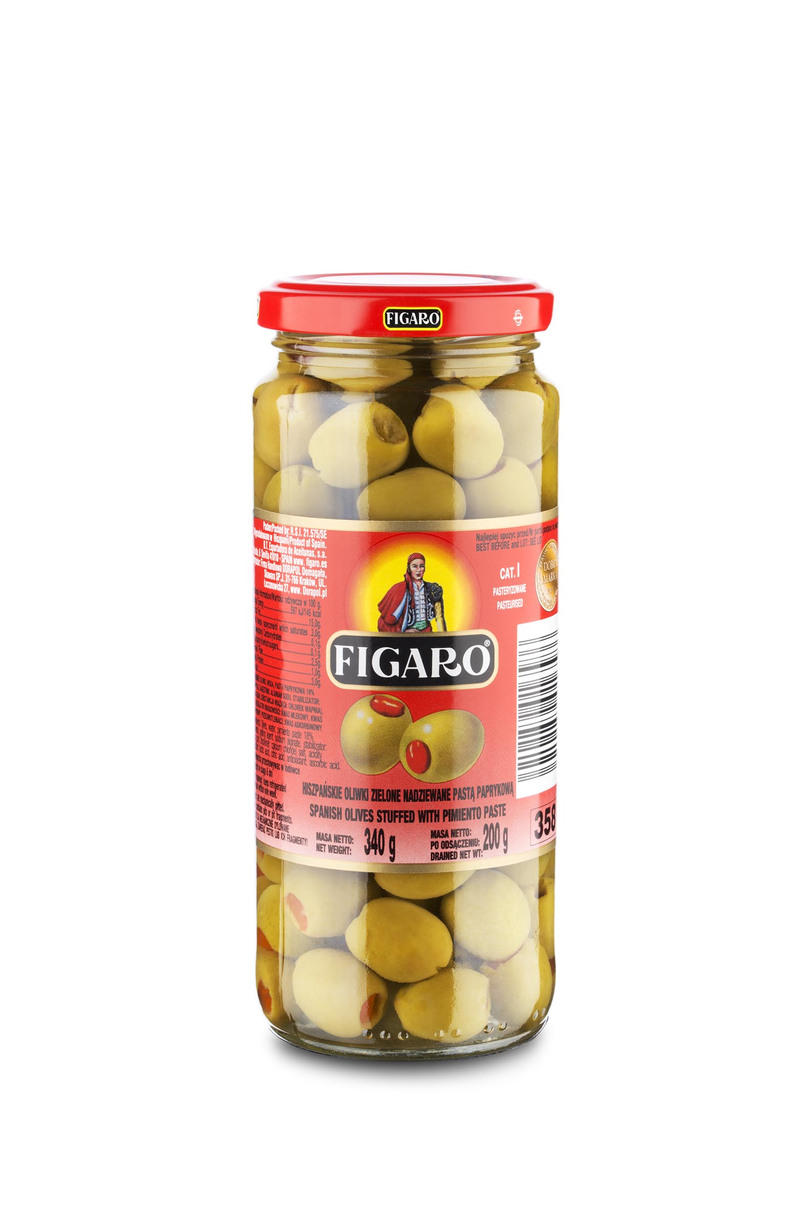 Hiszpańskie Oliwki Zielone Z Pastą Paprykową 340 G/200 G Figaro