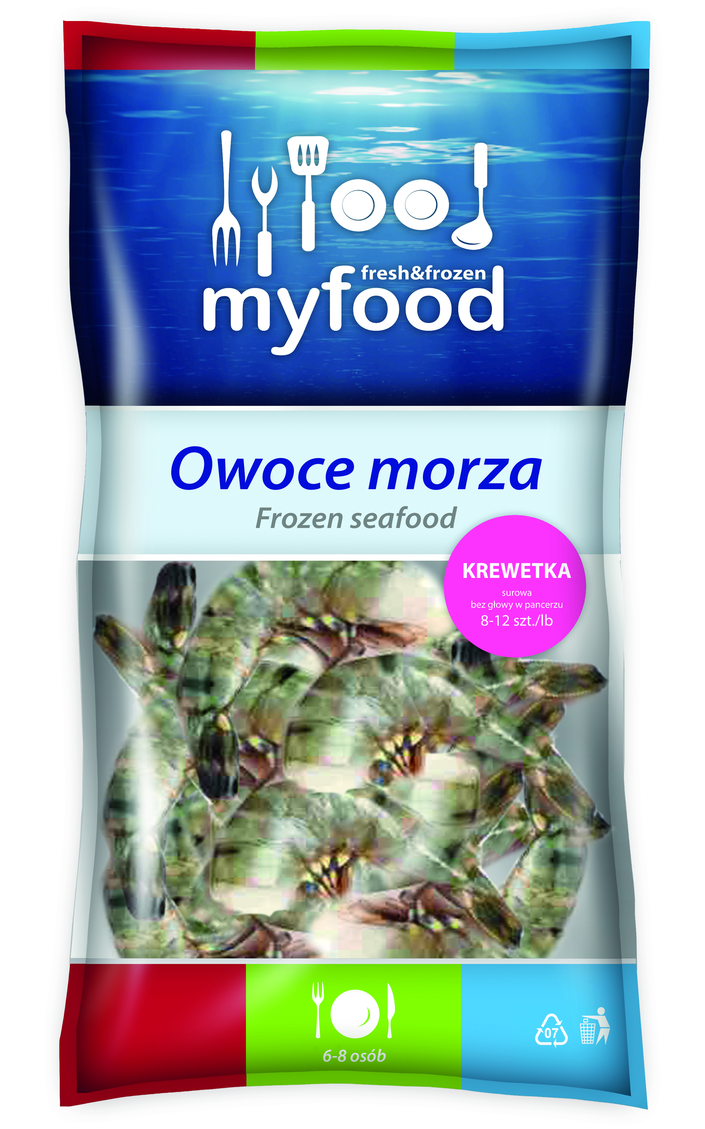 Myfood Krewetki Surowe W Pancerzu Bez Głowy, Rozmiar: 8-12 Szt./Lb, Głęboko Mrożone, Glazurowane; Glazura: 20%, 800 G/1000 G