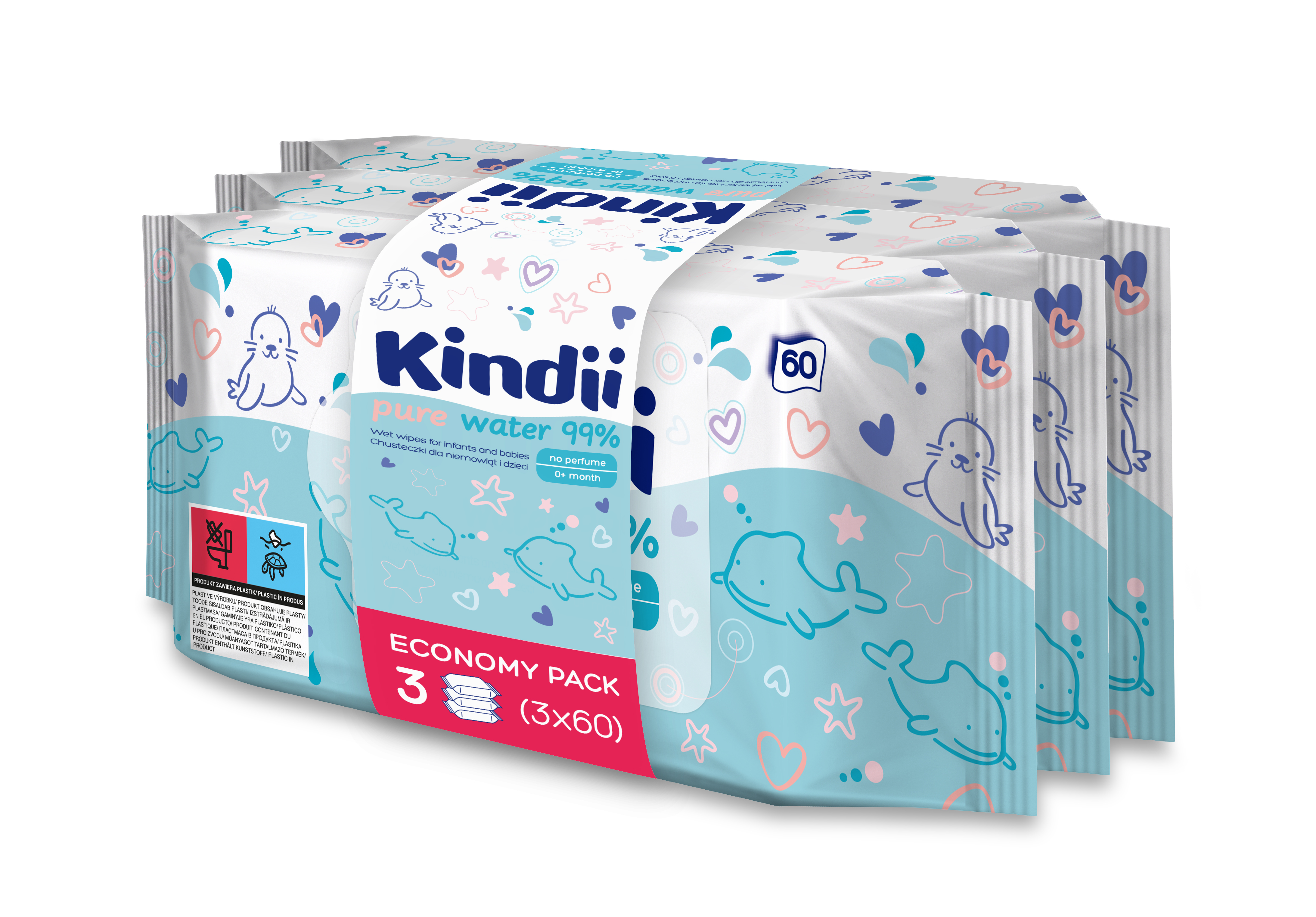 Kindii Pure Water 99% Chusteczki Dla Niemowląt I Dzieci 180 Szt. (3X60 Szt.)