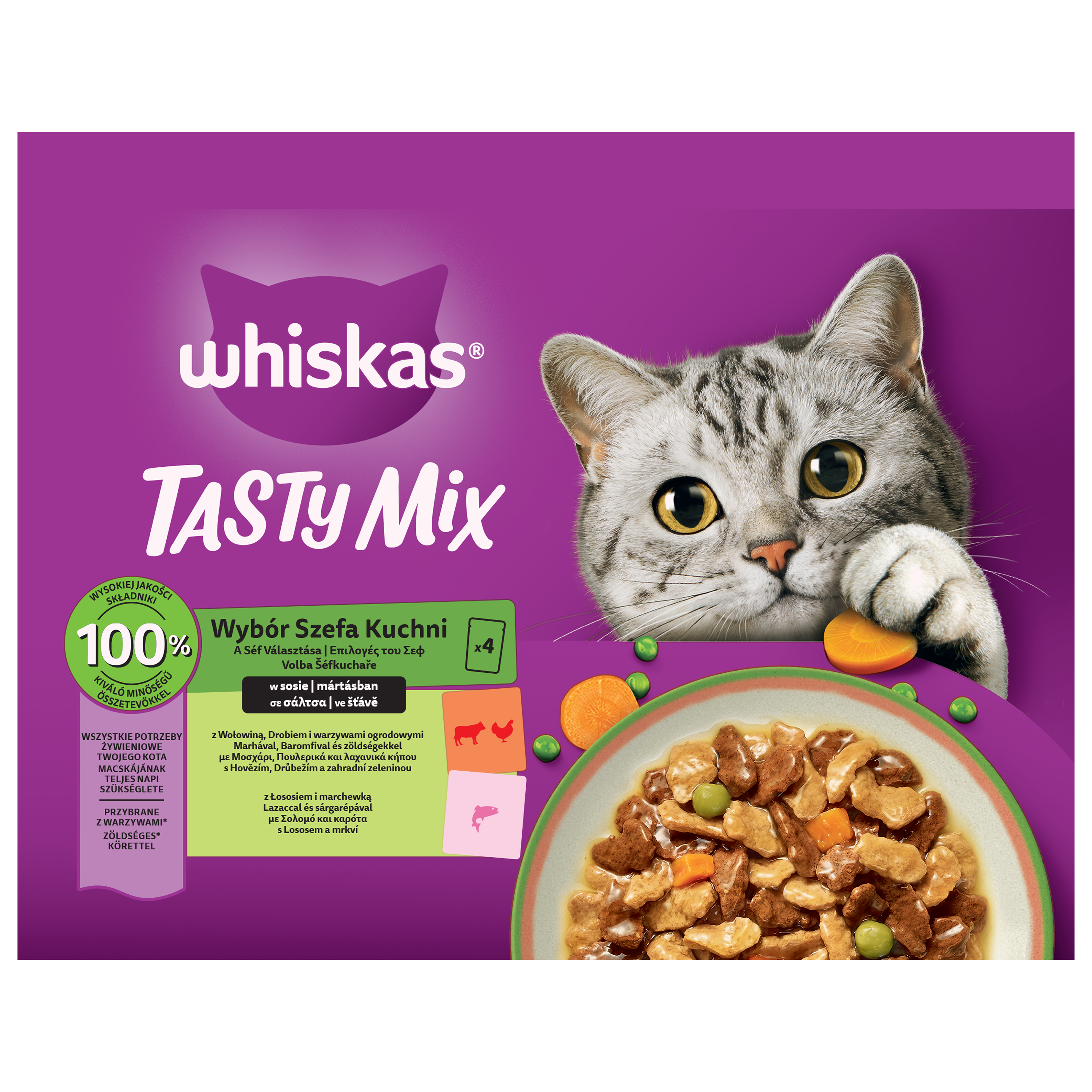 Whiskas Tasty Mix Mokra Karma W Sosie Z Wołowiną, Drobiem I Warzywami Oraz Z Łososiem I Marchewką 4 X 85 G
