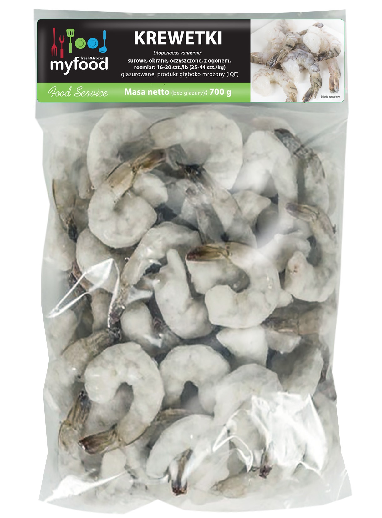 Myfood Krewetka Surowa Obrana Z Ogonkiem, Rozmiar: 16-20 Szt./Lb, Glazura: 30%, 700 G/1000 G