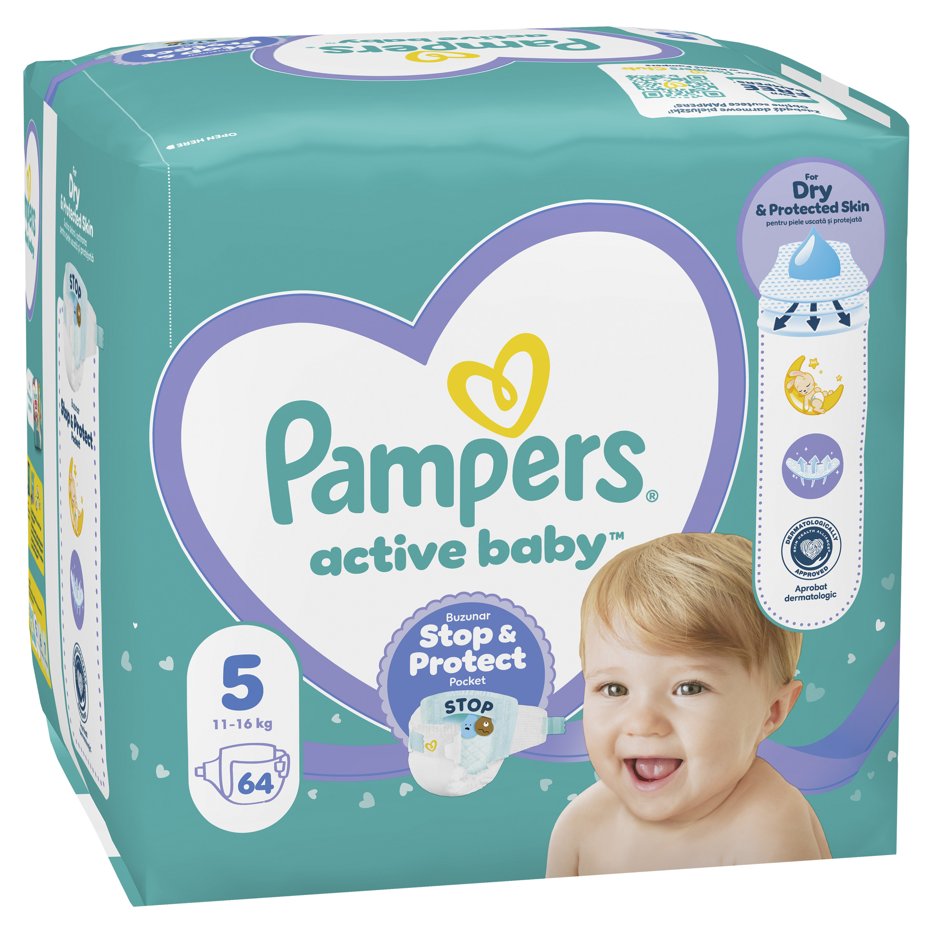 Pampers Active Baby, Rozmiar 5, 64 Pieluszek, 11Kg-16Kg