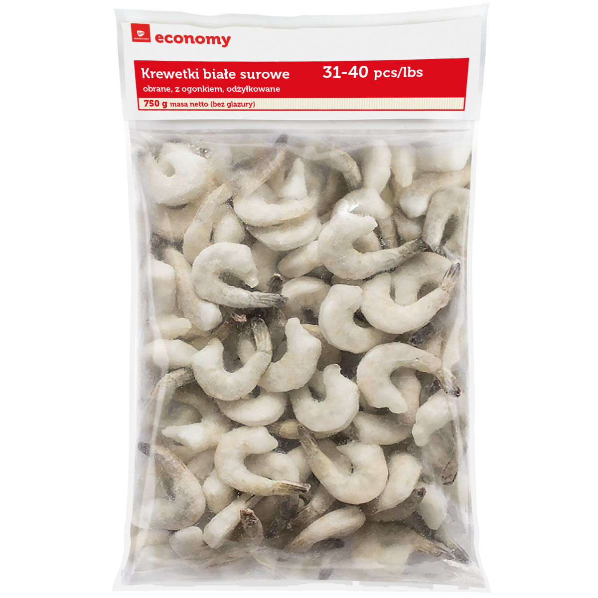 Tge Krewetki Białe Vannamei Surowe, Obrane, Z Ogonkiem 31-40Pcs/Lb Worek 0,75Kg/1Kg, 25% Glazury
