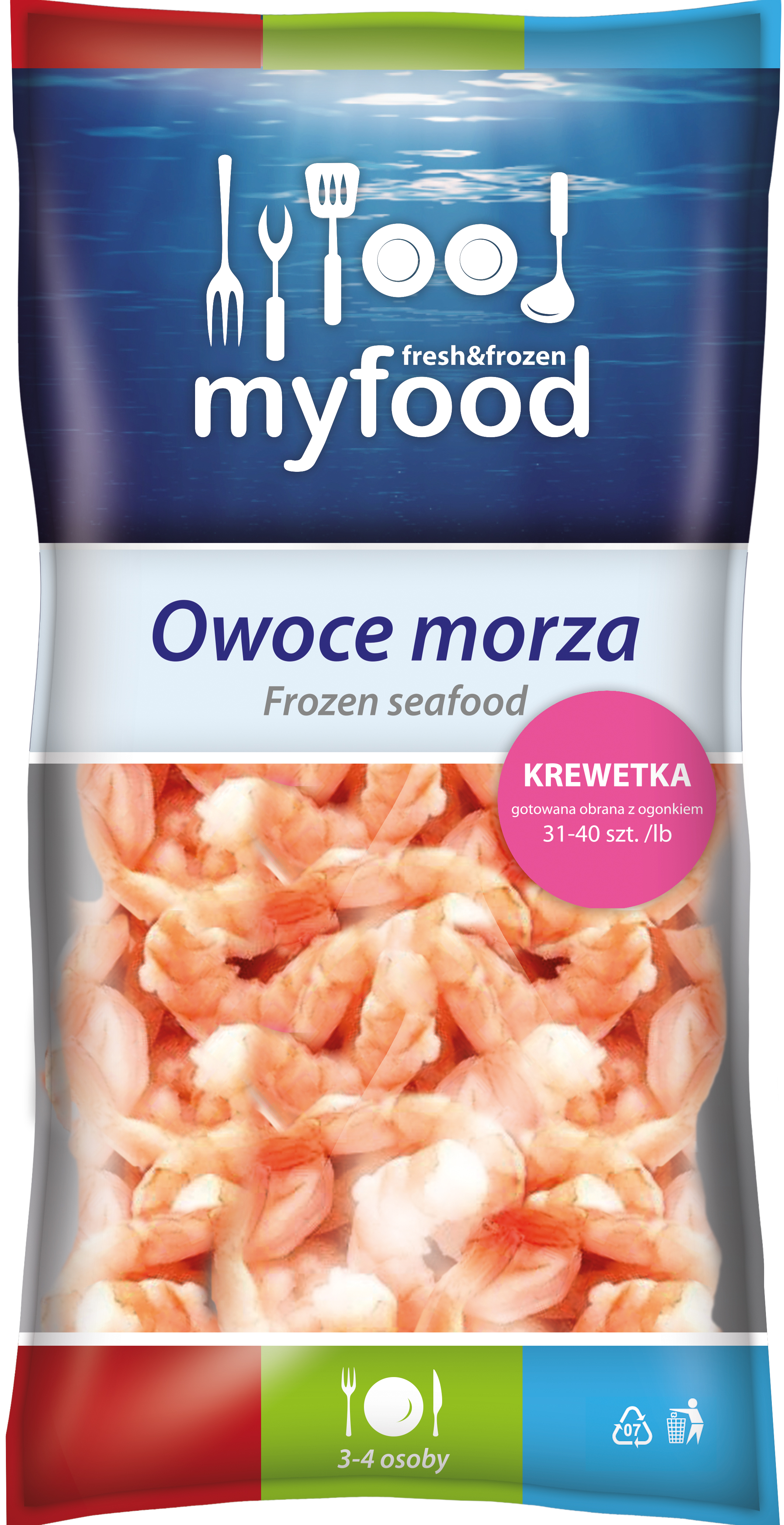 Myfood Krewetki Gotowane Obrane Z Ogonem, Rozmiar: 31-40 Szt./Lb, Glazura: 20%, 400 G/500 G