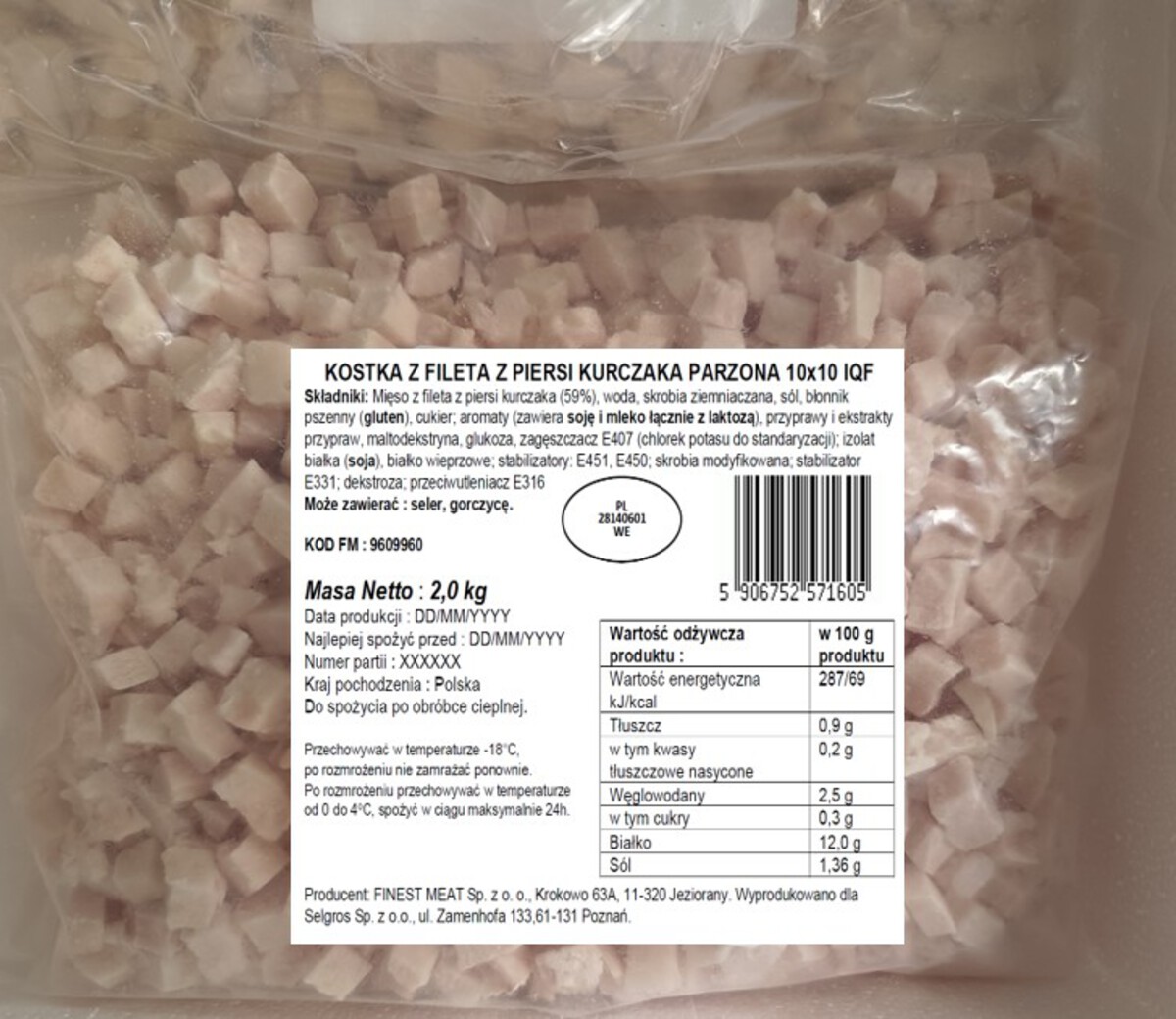 Finest Meat Kostka Z Fileta Z Piersi Kurczaka 10X10 Mm Parzona Iqf 2 Kg