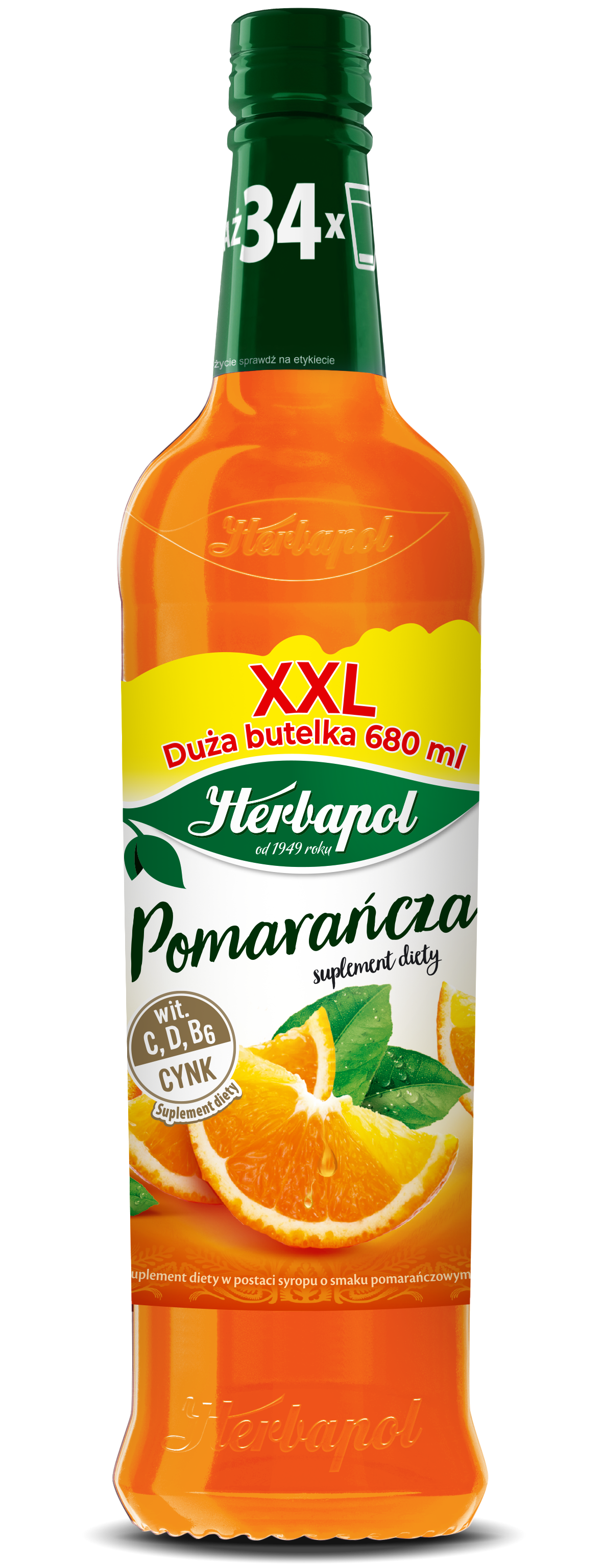 Herbapol Syrop Owocowy O Smaku Pomarańczowym Z Witaminą C, D, B6 I Cynk, 680Ml