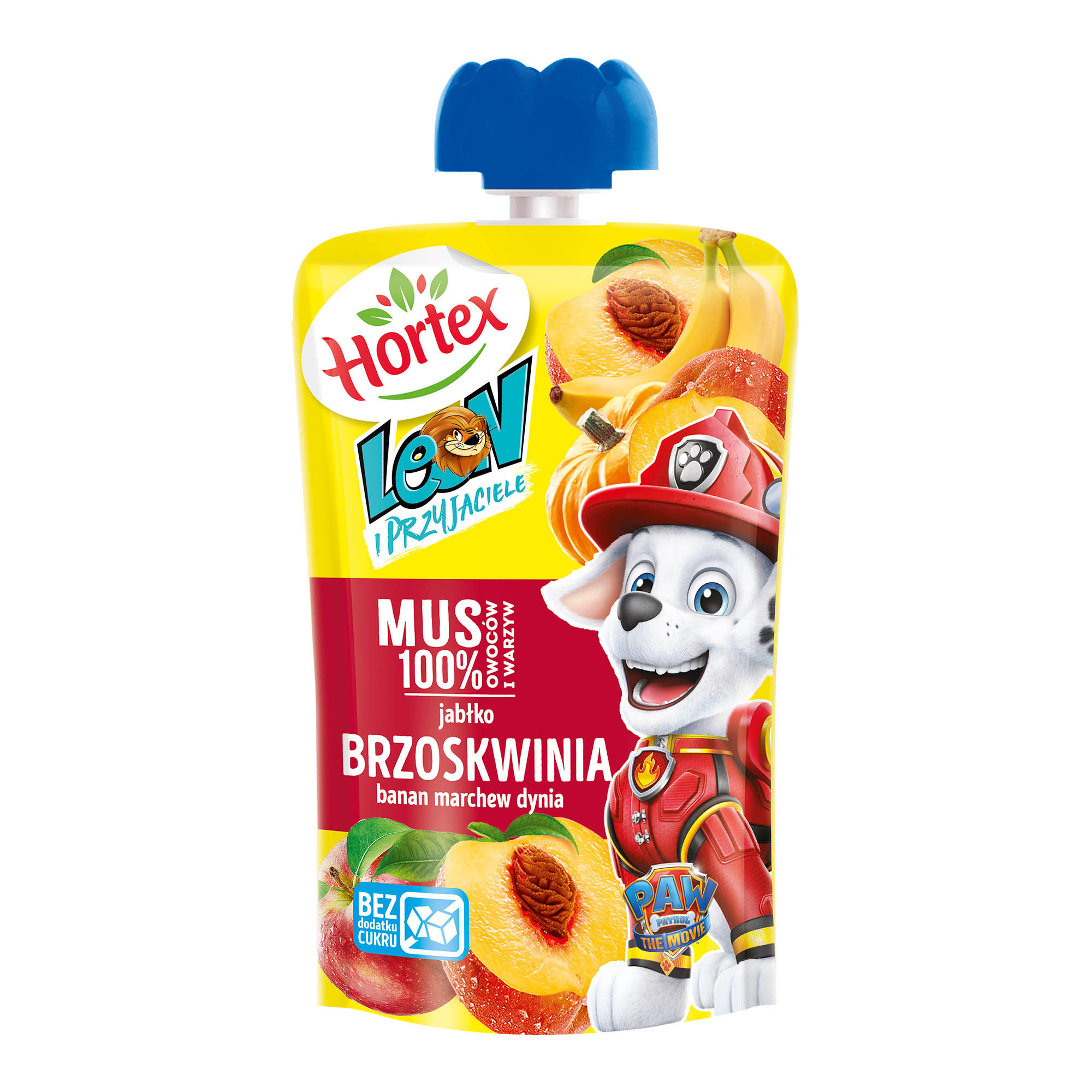 Hortex Leon Przekąska Mus 100% Owoców I Warzyw Jabłko, Brzoskwinia, Banan, Marchew, Dynia Saszetka 100G
