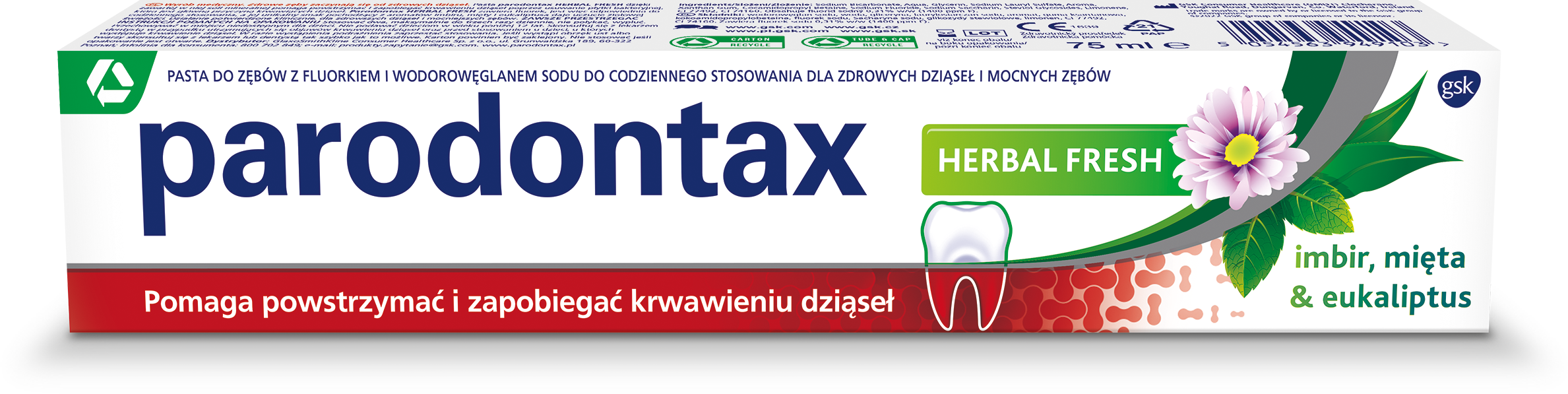 Parodontax Herbal Fresh Pasta Do Zębów Na Krwawiące Dziąsła Esencja Imbiru, Mięty I Eukaliptusa 75 Ml