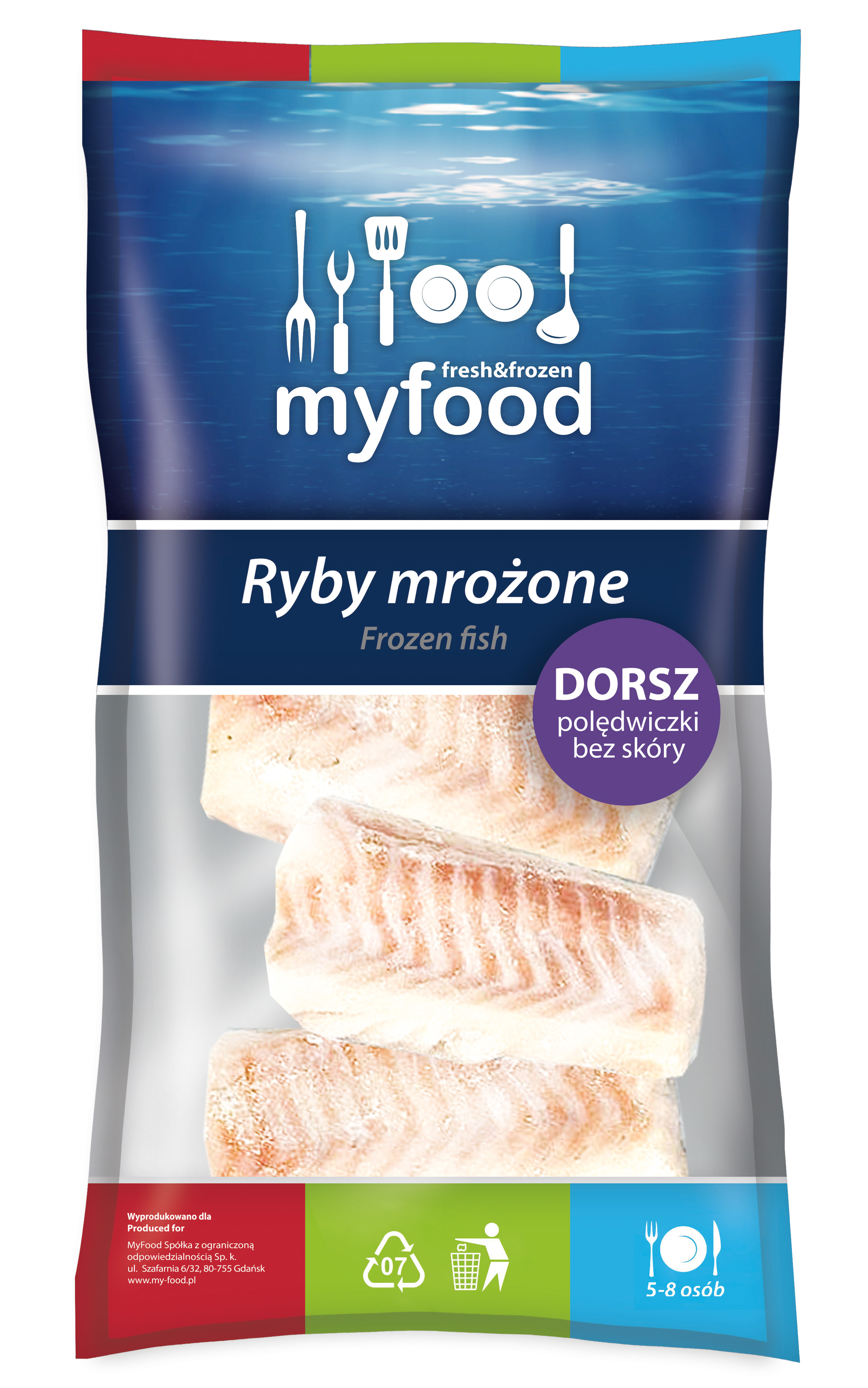 Myfood Dorsz Czarny (Pollachius Virens) Polędwiczki Bez Skóry, Z Wodą Dodaną, Glazurowane, Produkt Głęboko Mrożony, Rozmiar: 100-140 G, Glazura: 10%, 700/780 G
