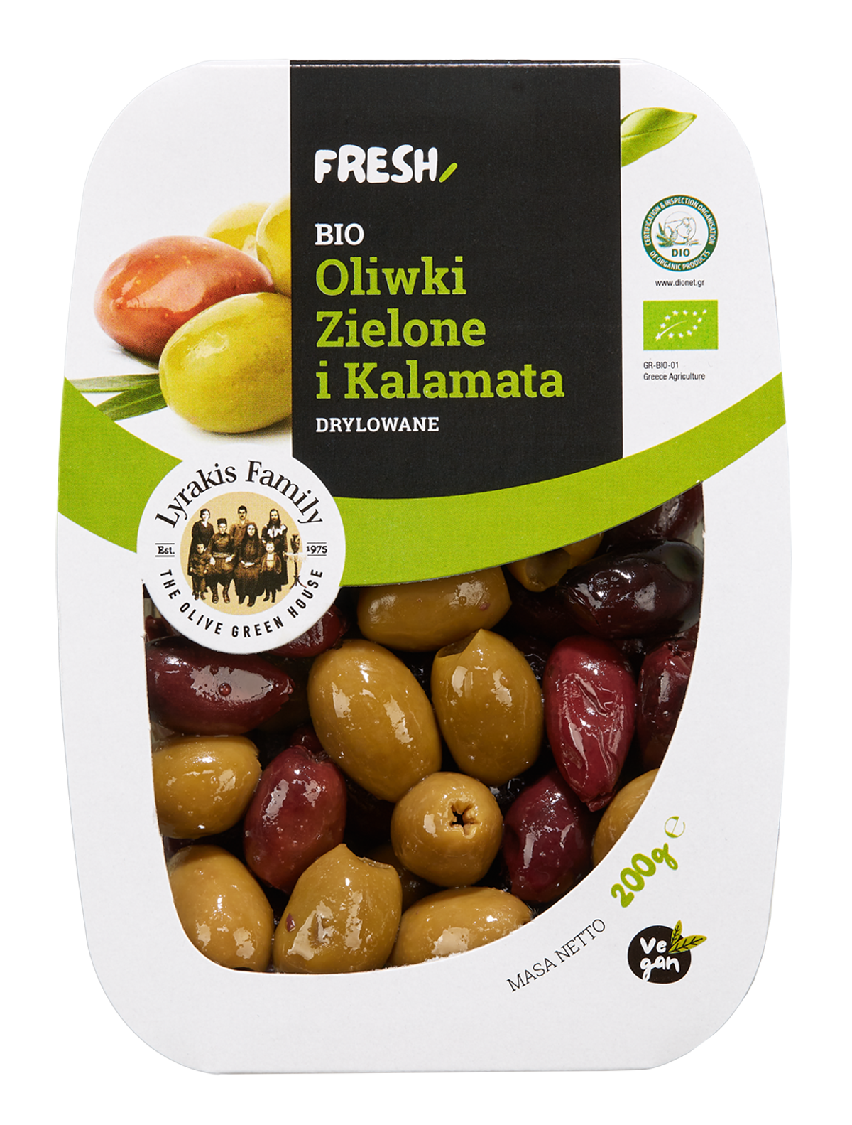 Bio Oliwki Zielone I Kalamata Marynowane - Drylowane / Fresh Pack 200G Lyrakis Family