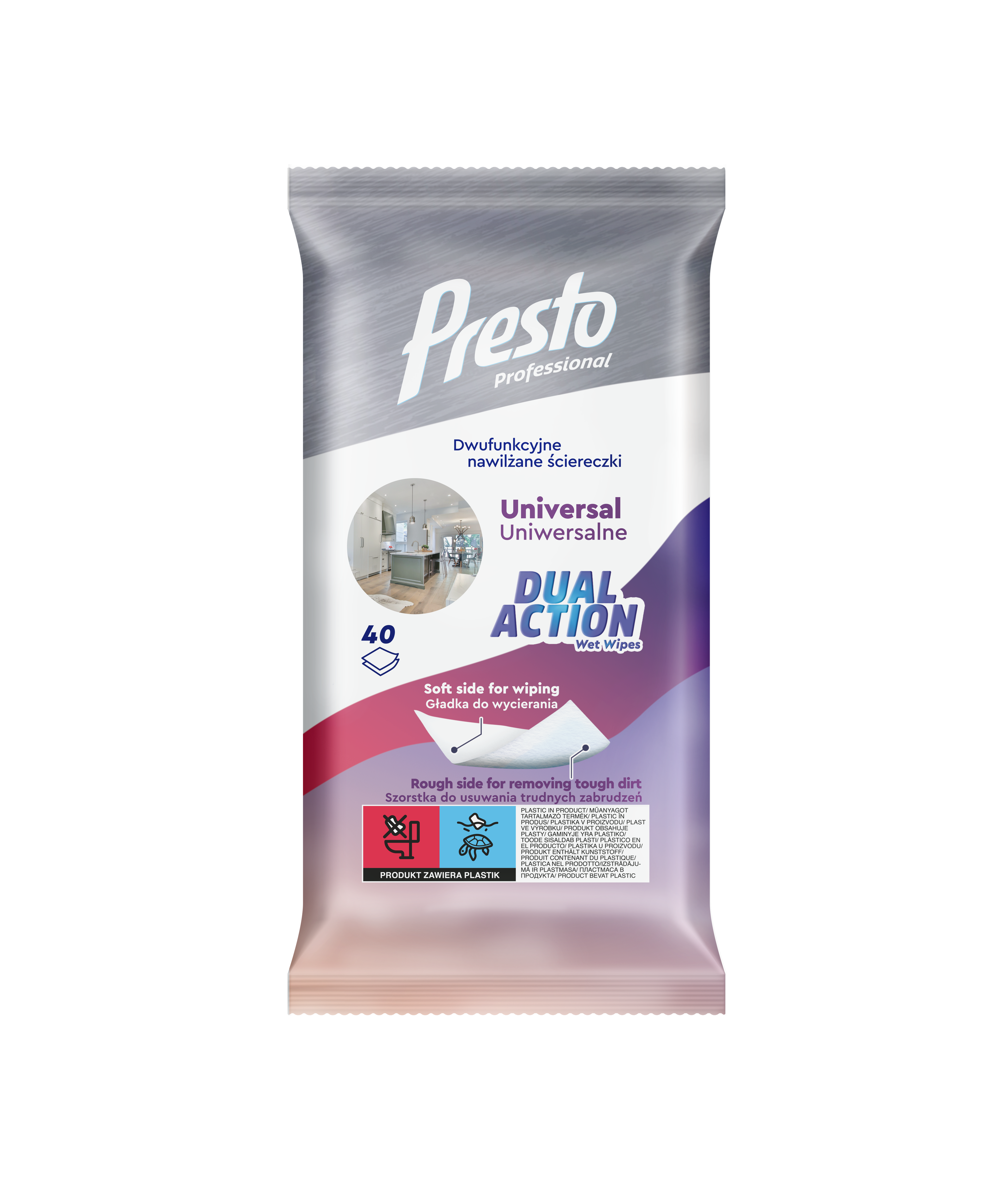 Presto Dual Action Uniwersalne Dwufunkcyjne Nawilżane Ściereczki 40Szt.