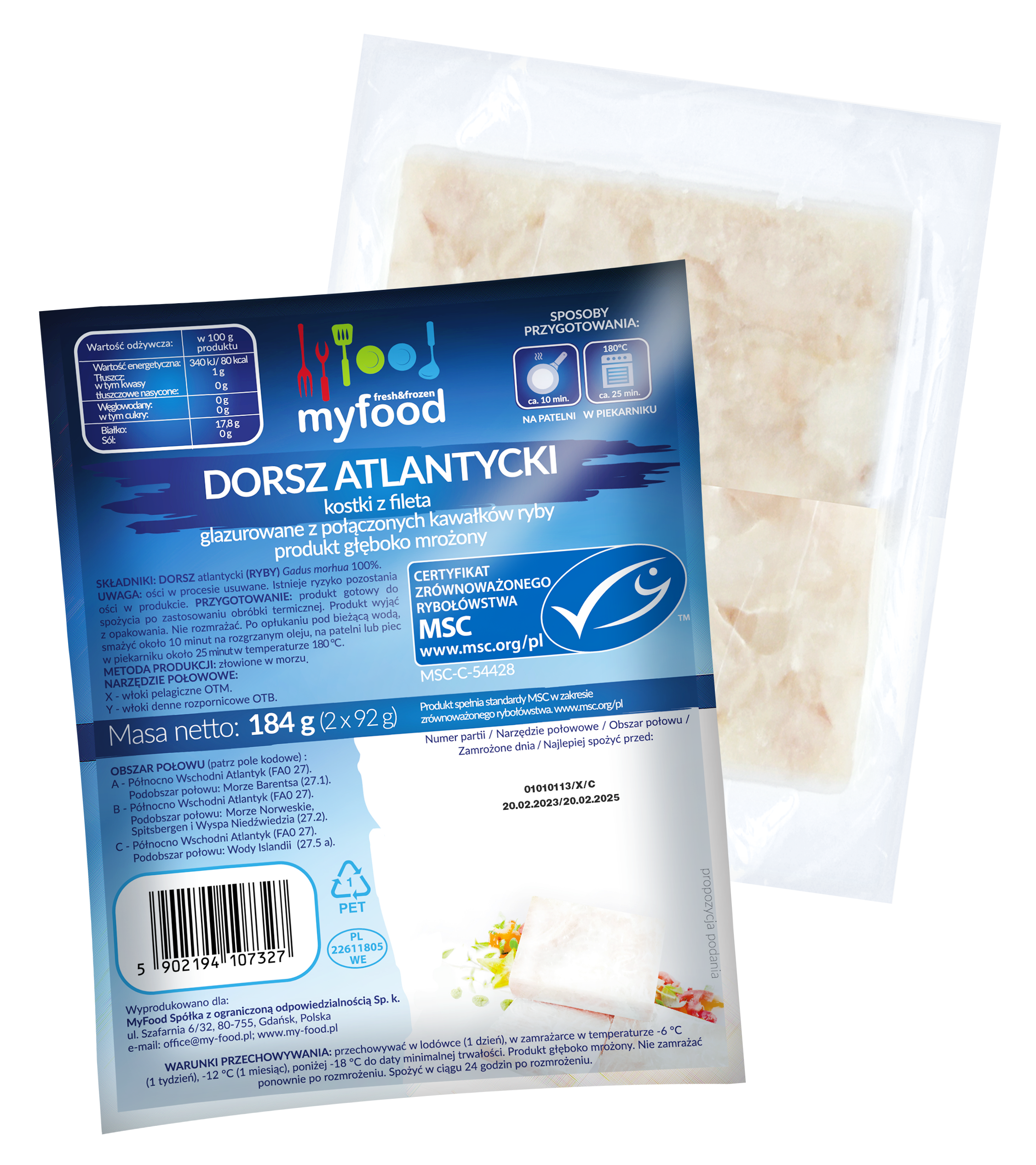 Myfood Dorsz Atlantycki (Gadus Morhua) Kostki Z Fileta, Z Połączonych Kawałków Ryby, Produkt Głęboko Mrożony, Glazura: 8%, 184 G (2 X 92 G) / 200 G