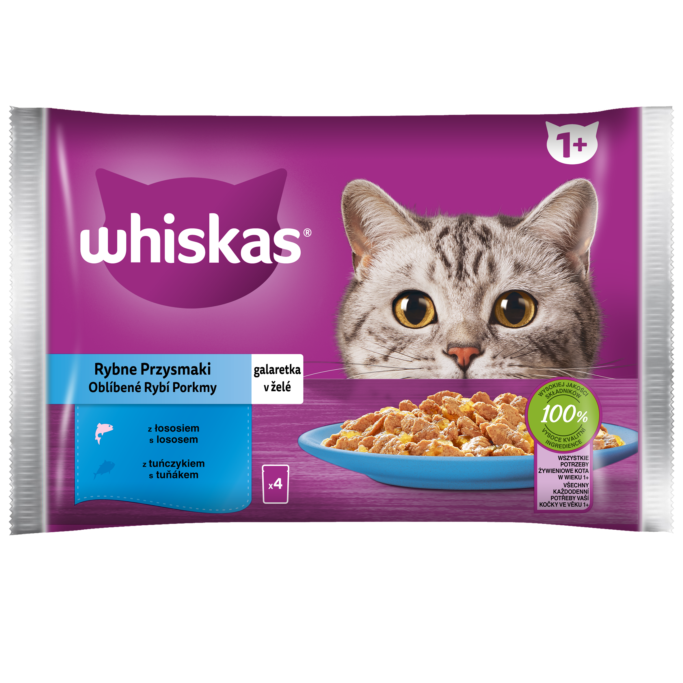 Whiskas Rybne Przysmaki 1+ Galaretka Z Łososiem I Z Tuńczykiem 340 G (4X85 G)