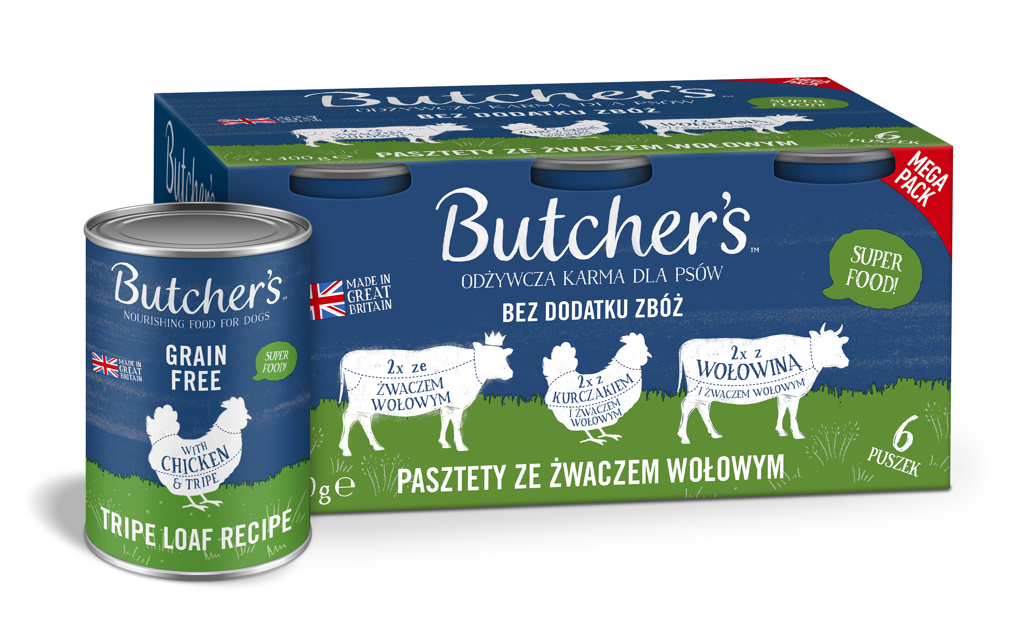 Butcher'S Original Megapack Tripe, Karma Dla Psa, Mix Smaków Ze Żwaczem Wołowym, Pasztety, 6X400 G
