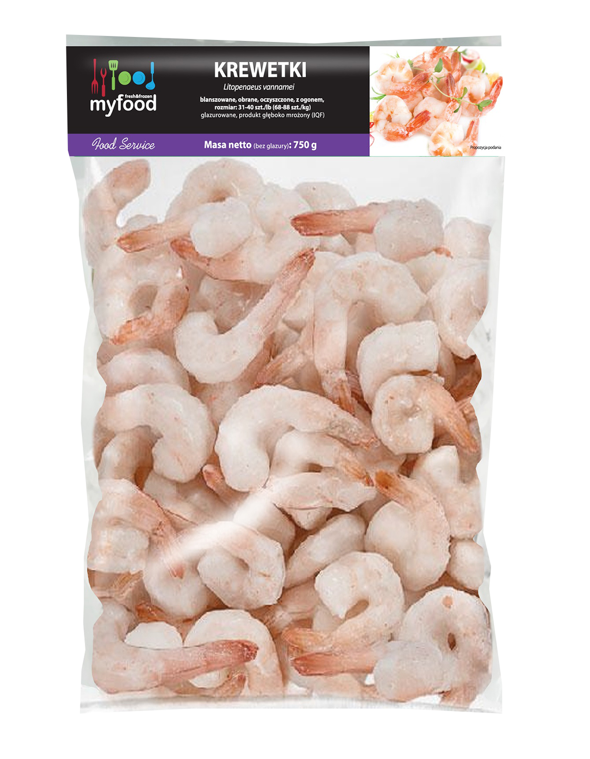 Myfood Krewetki Białe (Litopenaeus Vannamei) 31-40 Szt./Lb Blanszowane Obrane Z Ogonem, Produkt Głęboko Mrożony, Glazurowane; Masa Netto: 750 G/1000 G