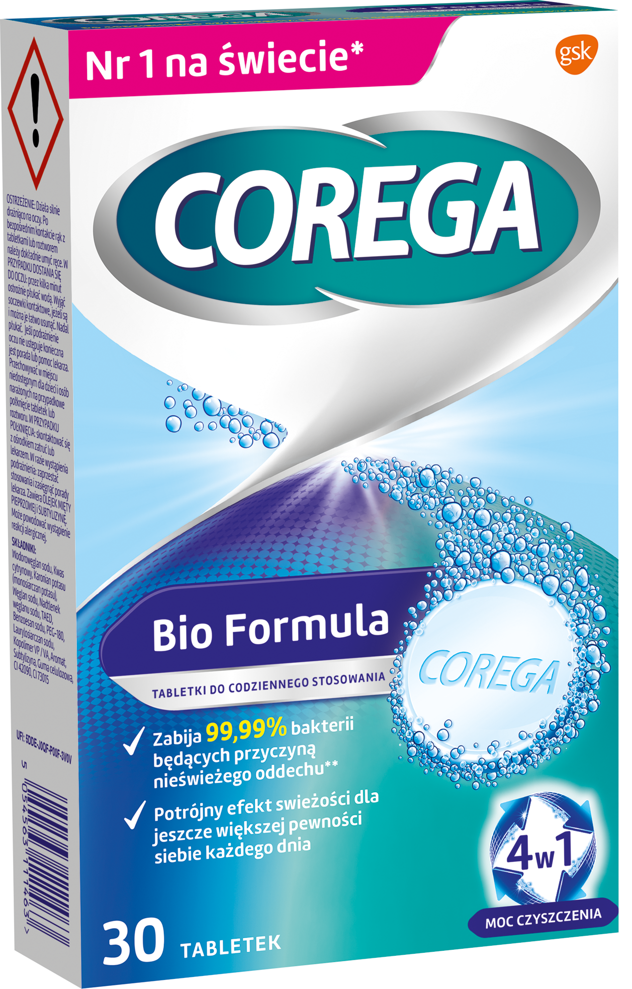 Corega Bio Formuła Tabletki Przeciwbakteryjne 4 Aktywne Składniki Do Czyszczenia Protez Zębowych Z Systemem Czyszczącym 4W1 30 Tabletek