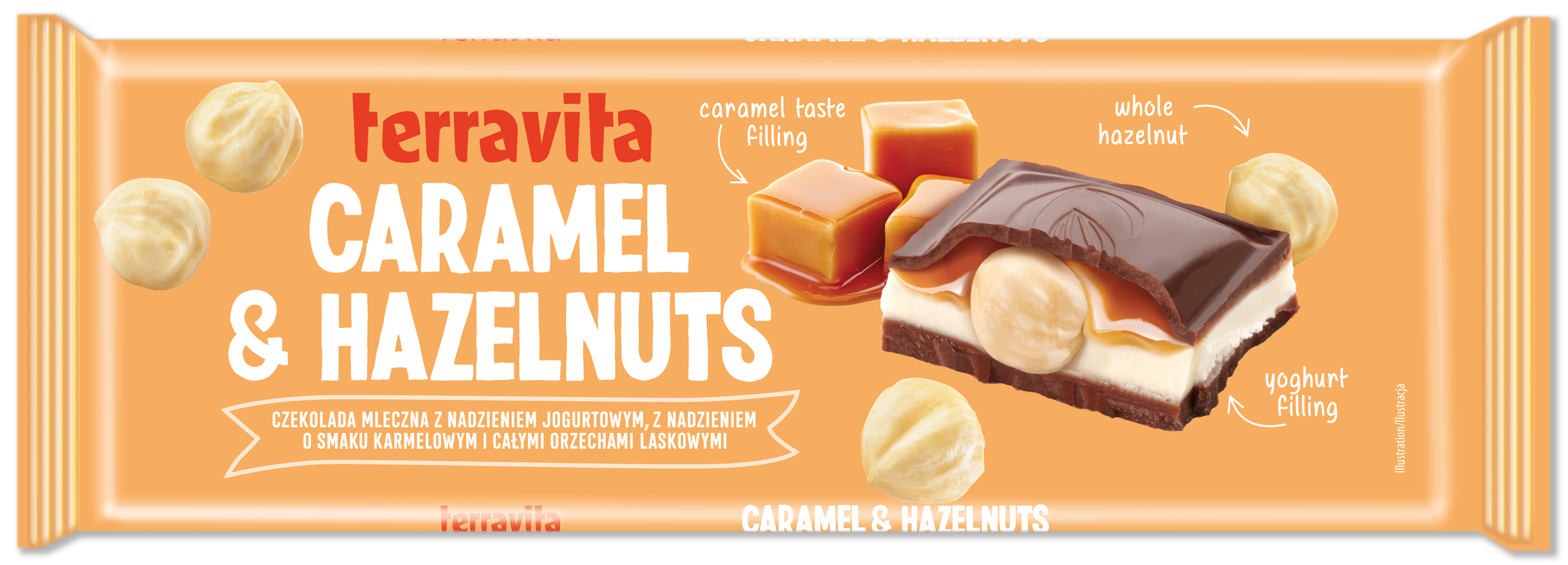 Terravita Czekolada Mleczna Z Nadzieniem Jogurtowym I Nadzieniem O Smaku Karmelowym I Całymi Orzechami Laskowymi 235 G
