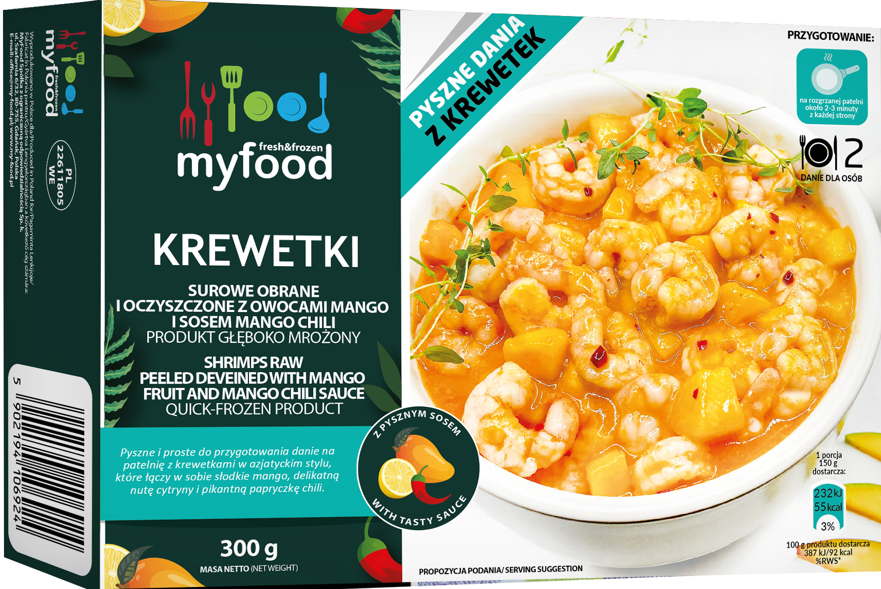 Myfood Krewetki Surowe Obrane I Oczyszczone Z Owocami Mango I Sosem Mango Chili, Produkt Głęboko Mrożony, 300 G