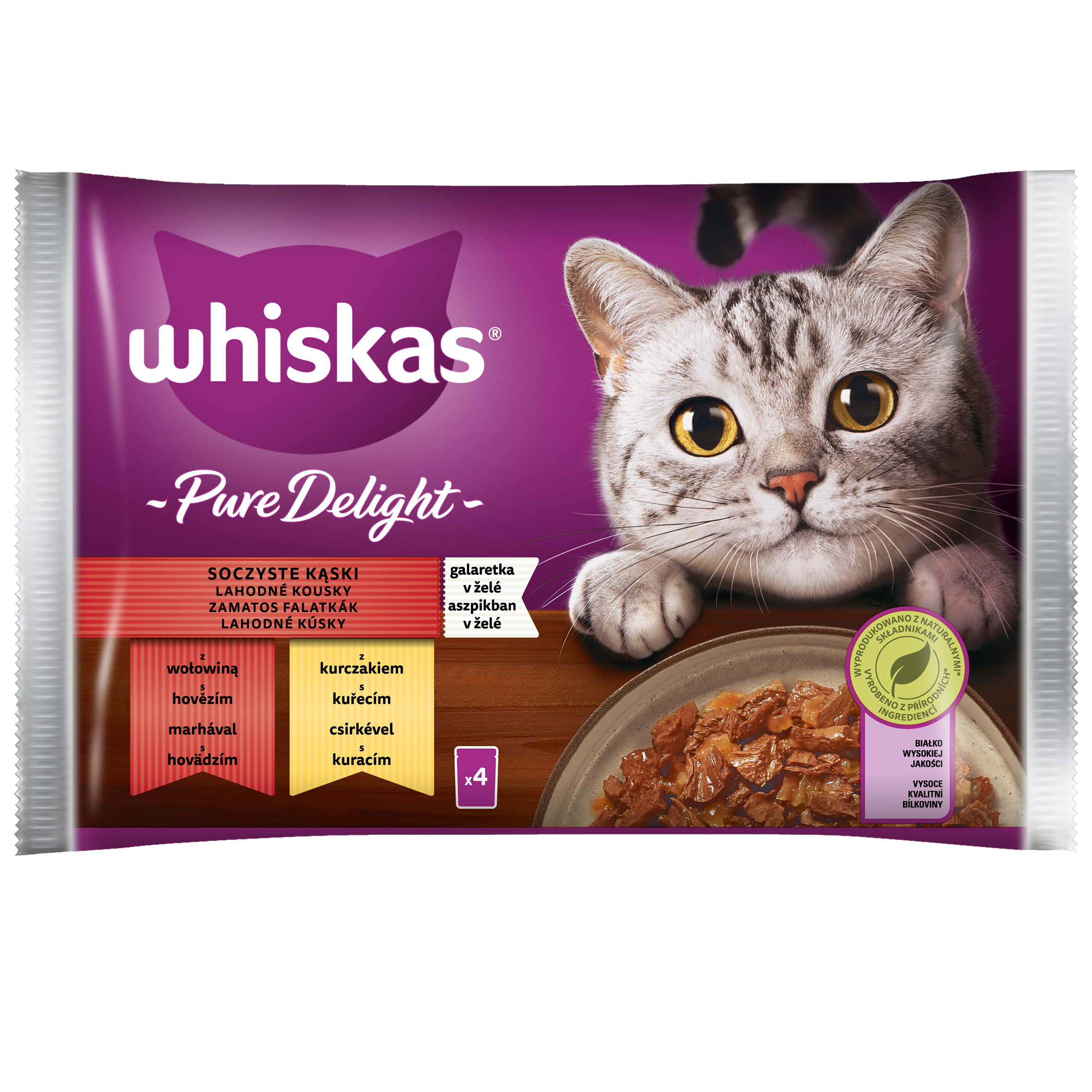 Whiskas Pure Delight Soczyste Kąski Galaretka Z Wołowiną I Z Kurczakiem 340 G (4X85 G)