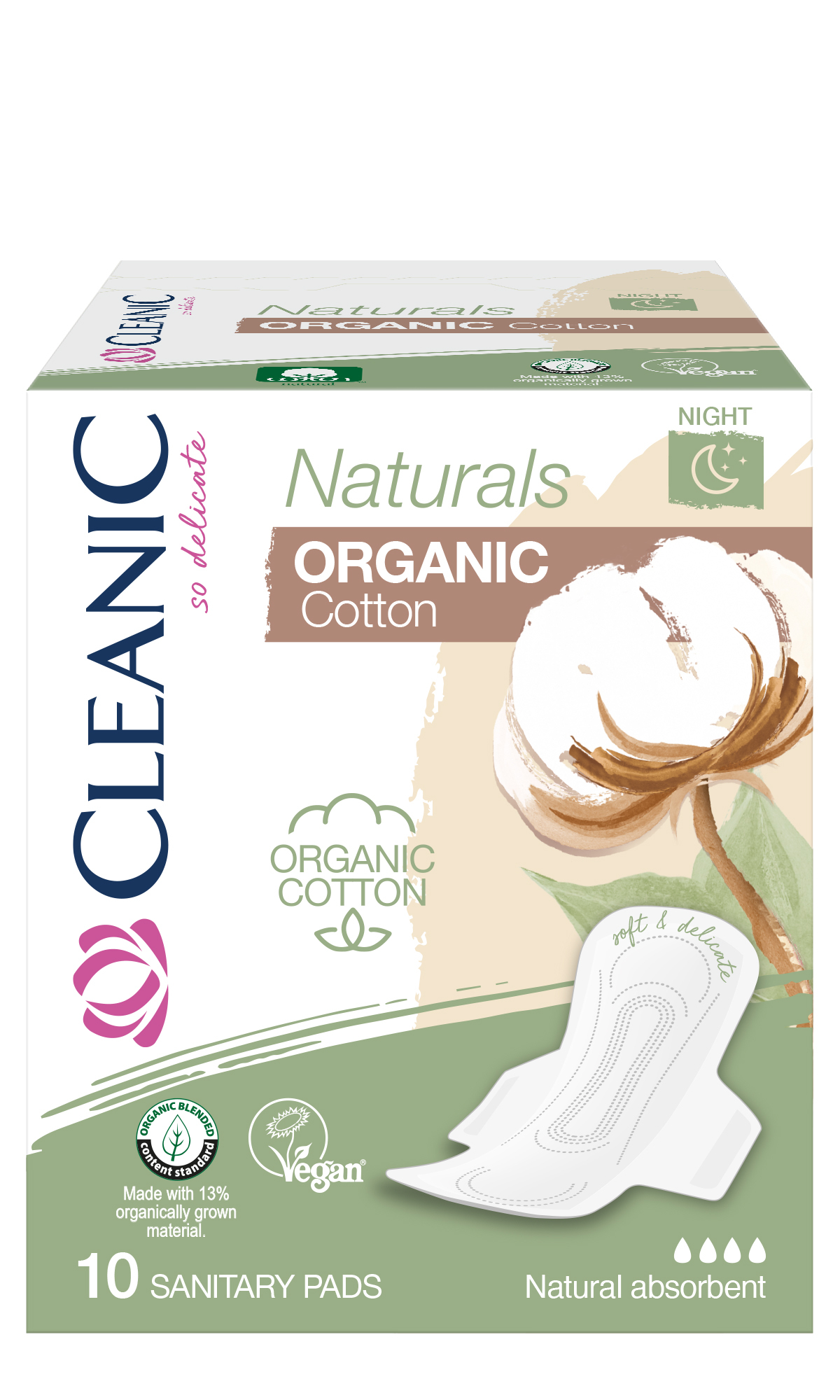 Podpaski Cleanic Naturals Organic Cotton Night 10 Sztuk