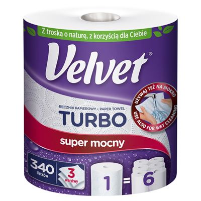 Velvet Turbo super mocny Ręcznik papierowy 340 listków 3 warstwowy 1 rolka