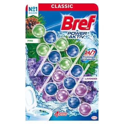 Bref WC Power Aktiv Zawieszka myjąco-zapachowa do muszli WC sosnowy las+lawendowe pole 50 g 4 sztuki