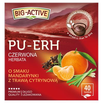 BIG-ACTIVE Pu-Erh Herbata czerwona o smaku mandarynki z trawą cytrynową 40 torebek 72 g