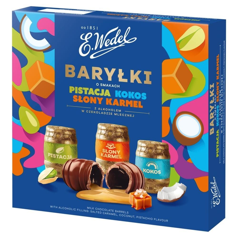 E. Wedel Baryłki o smakach pistacja kokos słony karmel z alkoholem w czekoladzie mlecznej 200 g