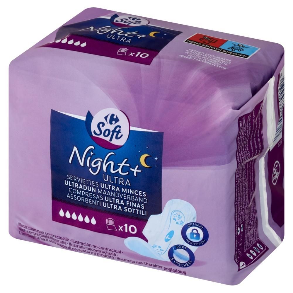 Carrefour Soft Night+ Ultra Ultracienkie podpaski ze skrzydełkami 10 sztuk