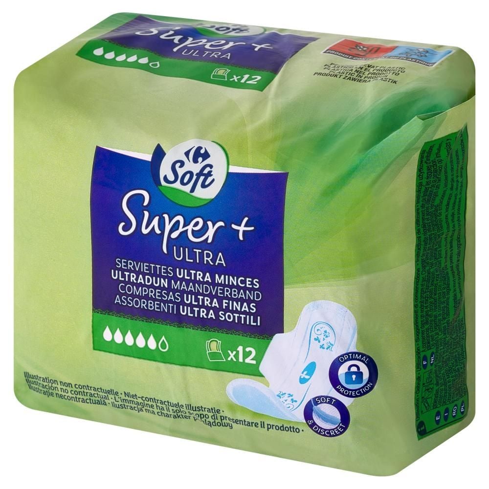 Carrefour Soft Super+ Ultra Ultracienkie podpaski ze skrzydełkami 12 sztuk