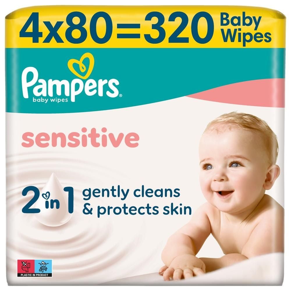 Pampers Sensitive Chusteczki Nawilżane Dla Dzieci, 4 Opakowania po 80 Chusteczek = 320 szt