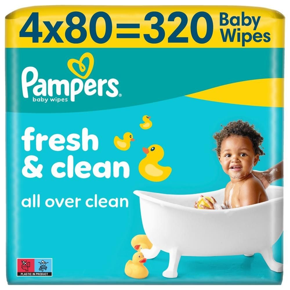 Pampers Fresh Clean Chusteczki Nawilżane Dla Dzieci, 4 Opakowania po 80 Chusteczek szt