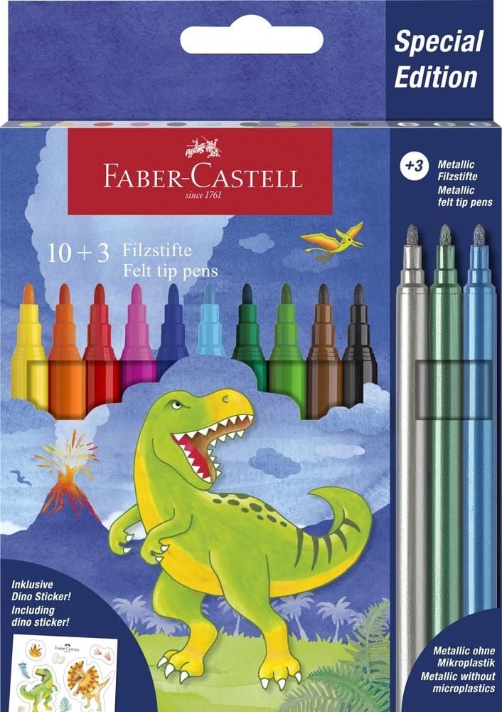 Flamastry FABER-CASTELL edycja dinozaury 10 kolorów + 3 kolory metaliczne + naklejki