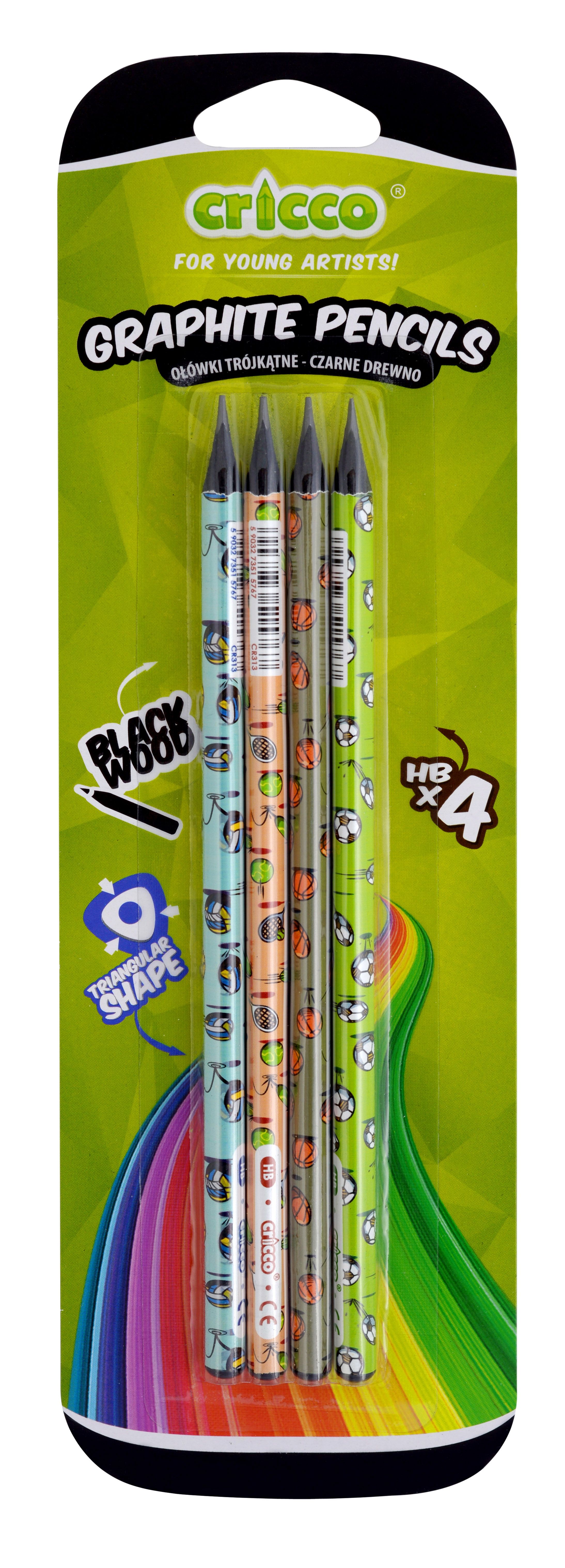 Ołówek Cricco trójkątny black wood HB sporty 4 szt. blister