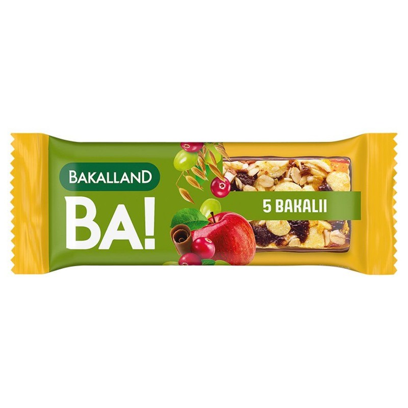 Baton zbożowy z bakaliami i polewą o smaku kakaowo-mlecznym Bakalland 40 g