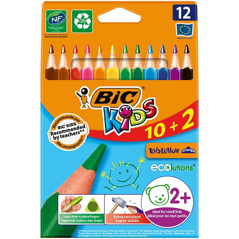 Kredki ołówkowe Kids Evolution Triangle ECOlutions 10+2 szt. BIC  12 sztuk