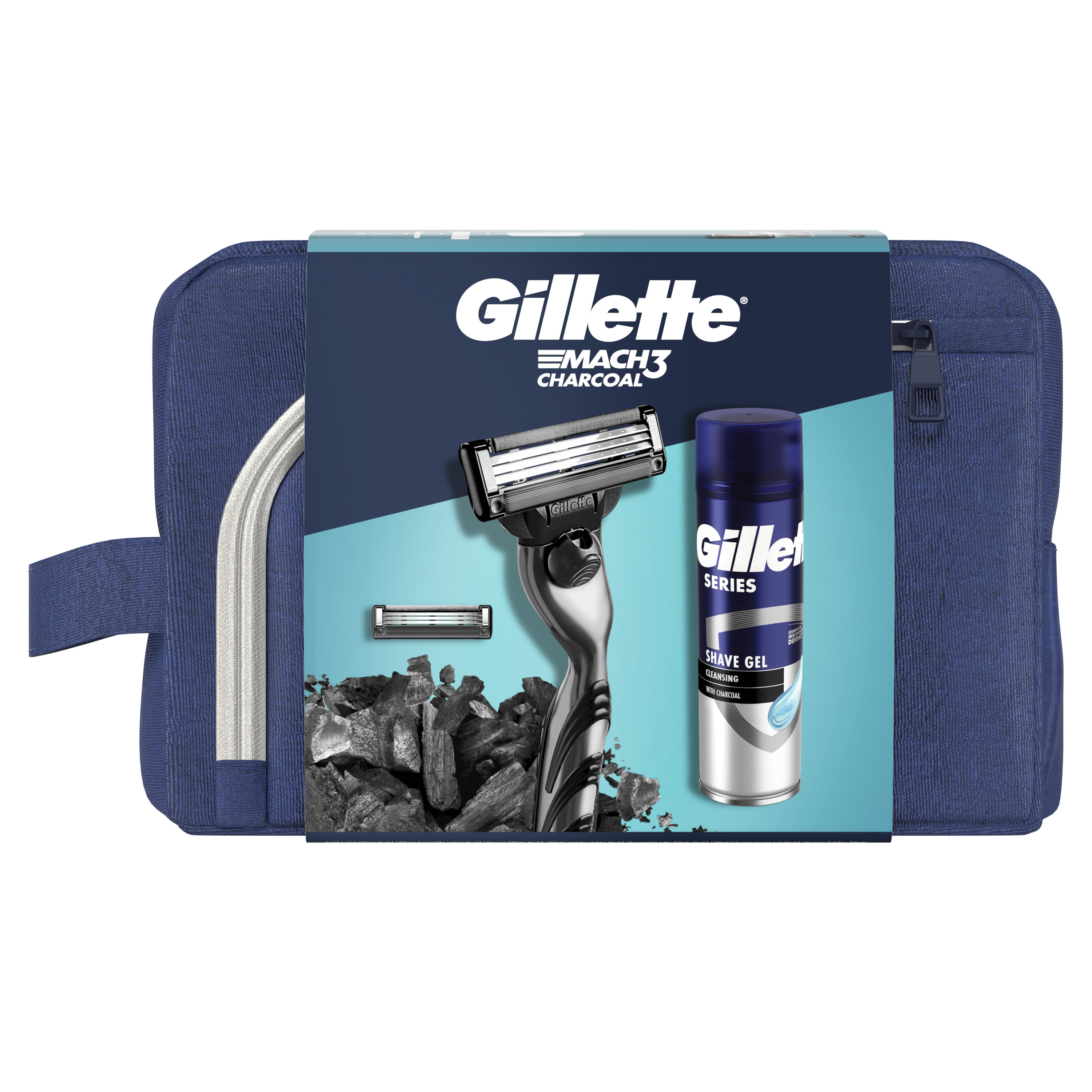Gillette Zestaw Podarunkowy: Maszynka Mach3 Charcoal + 1 Ostrze + Żel Series 200 Ml + Kosmetyczka