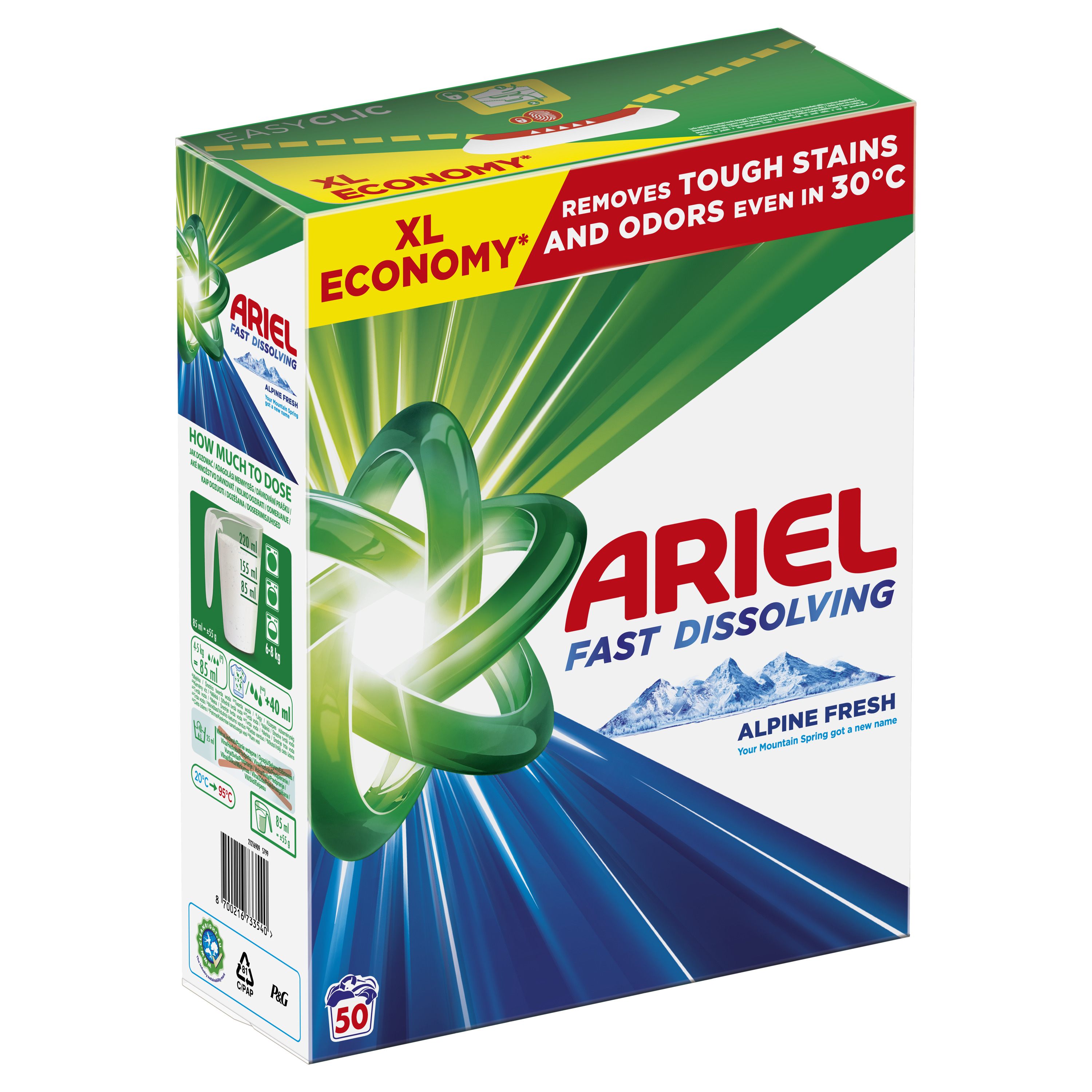 Ariel Alpine Fresh Proszek Do Prania Detergent Do Prania, 2.75 Kg, 50 Prań