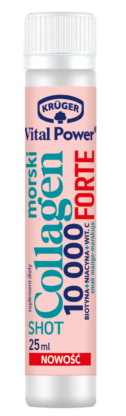 Krüger Vital Power Shot Collagen Morski 10000 Forte, Biotyna + Niacyna + Witamina C, Płyn W Ampułkach, 25 Ml