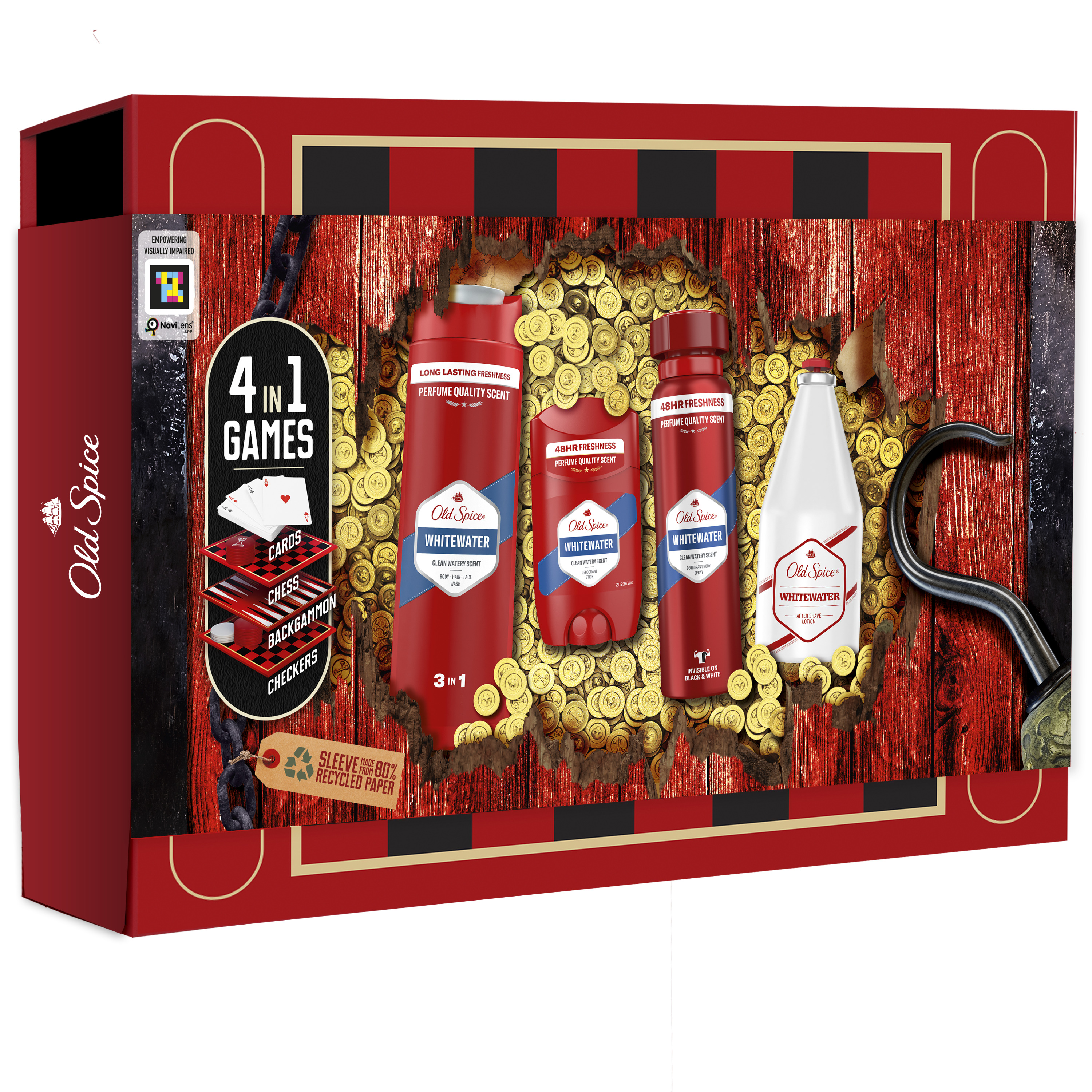 Old Spice Whitewater Zestaw Podarunkowy, Dezodorant W Sprayu, W Sztyfcie, Żel I Woda Po Goleniu Oraz Zestaw Gier Planszowych