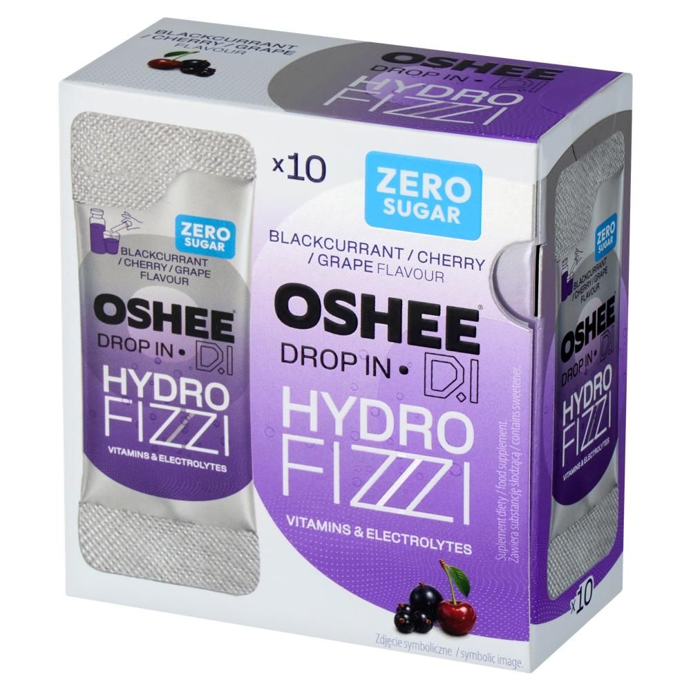 Oshee Drop In Hydro Fizzi Proszek musujący o smaku czarnej porzeczki wiśni i winogrona 10 sztuk