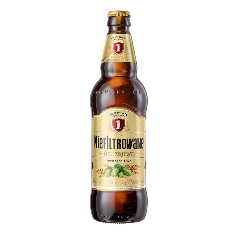 Piwo jasne Specjalne Beczkowe Niefiltrowane alk. 4,3% obj. First Private Brewery 500 ml