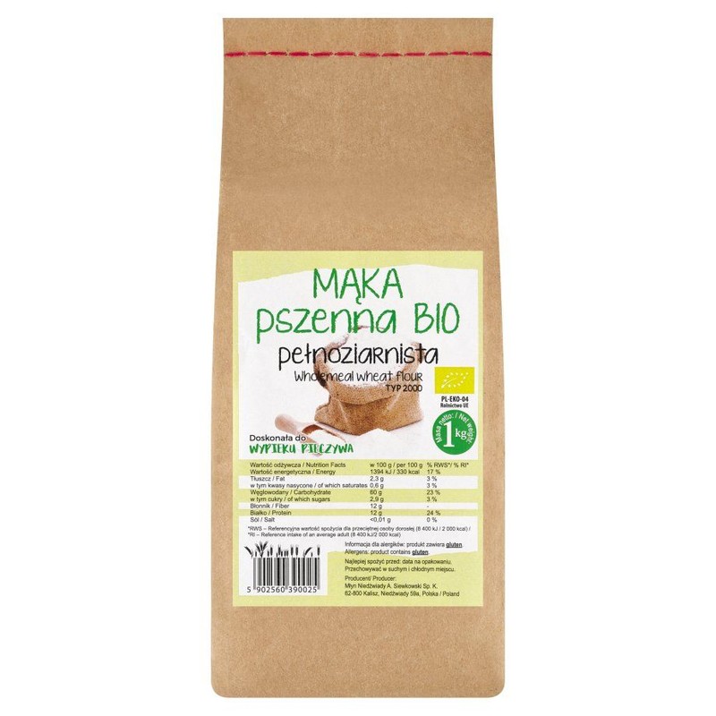 BIO Mąka pszenna pełnoziarnista Młyn Niedźwiady 1 kg