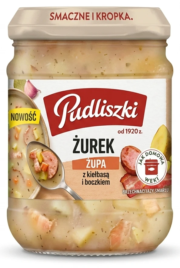 Zupa Pudliszki pomidorowa z klopsikami i makronem, żurek z kiełbasą i boczkiem