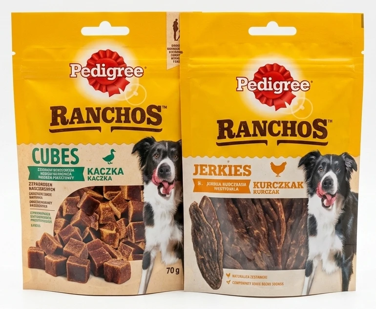 Karma Pedigree Ranchos Cubes kaczka, Jerkies kurczak