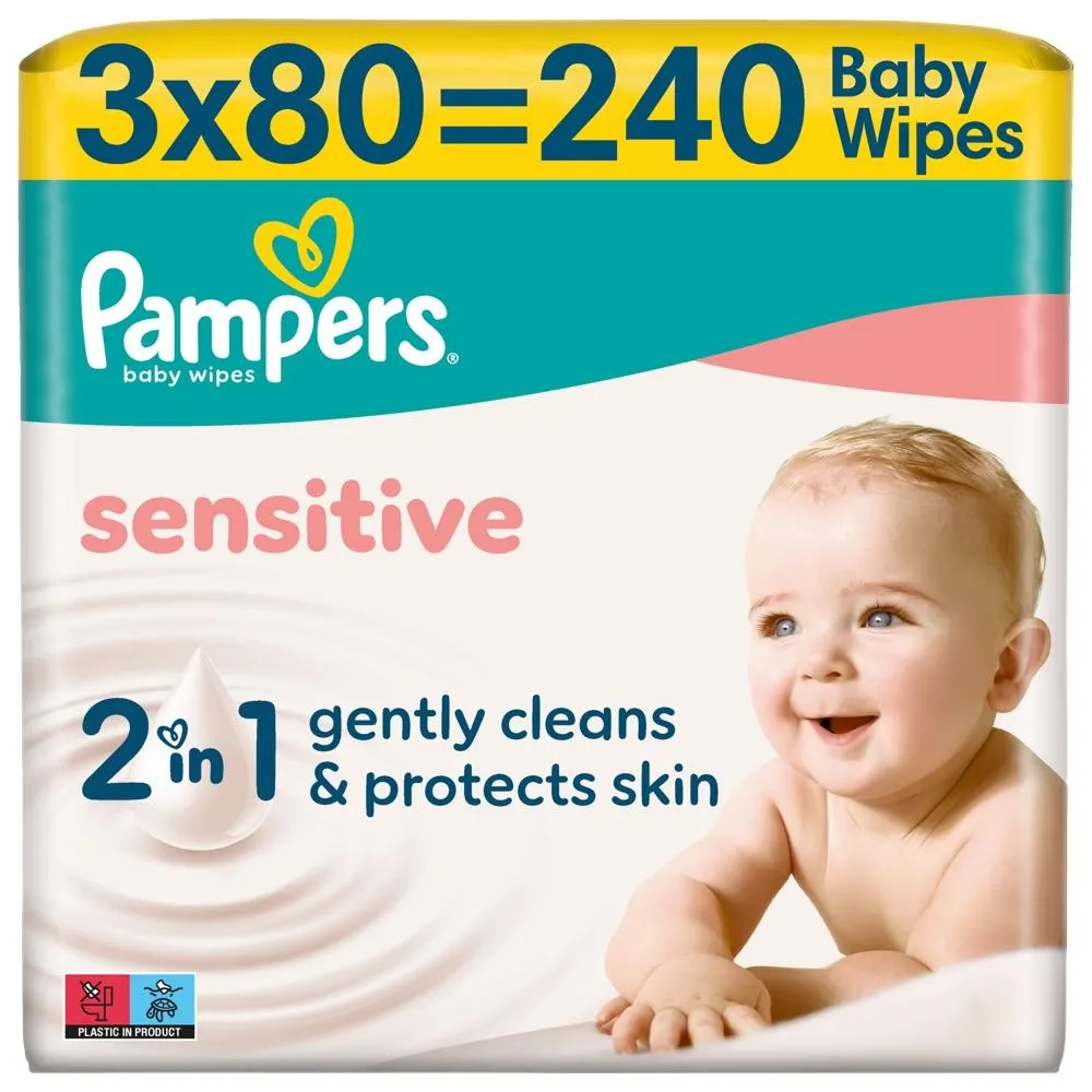 Pampers Sensitive Chusteczki Nawilżane Dla Dzieci, 3 Opakowania po 80 Chusteczek = 240 szt