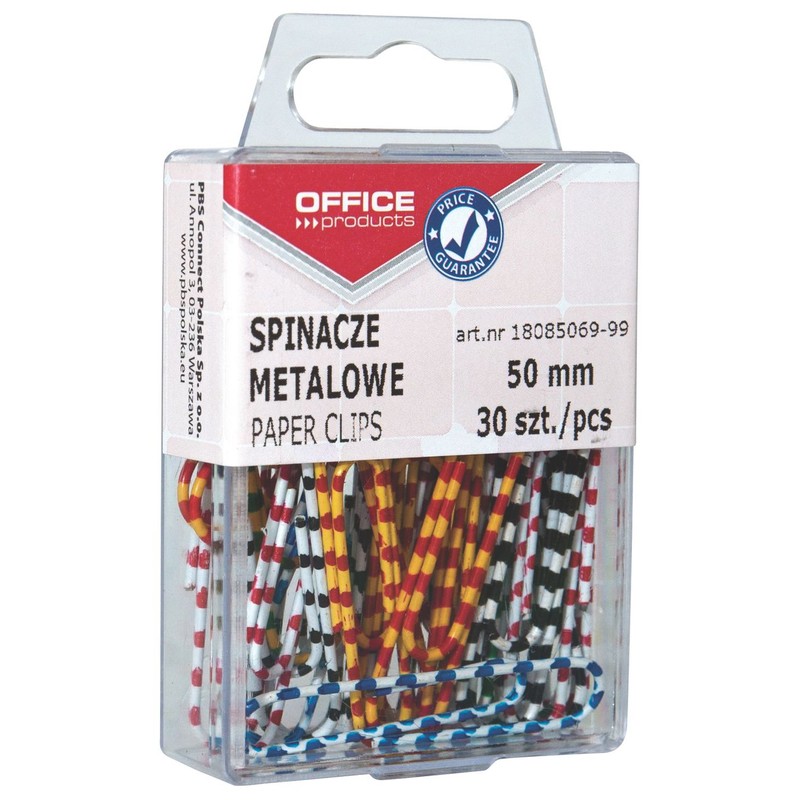 Spinacze metalowe powlekane 50 mm mix kolorów Office Products 30 sztuk