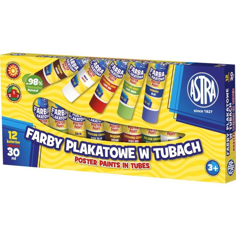 Farby plakatowe 12 kol x 30 ml tuba ASTRA 12 sztuk
