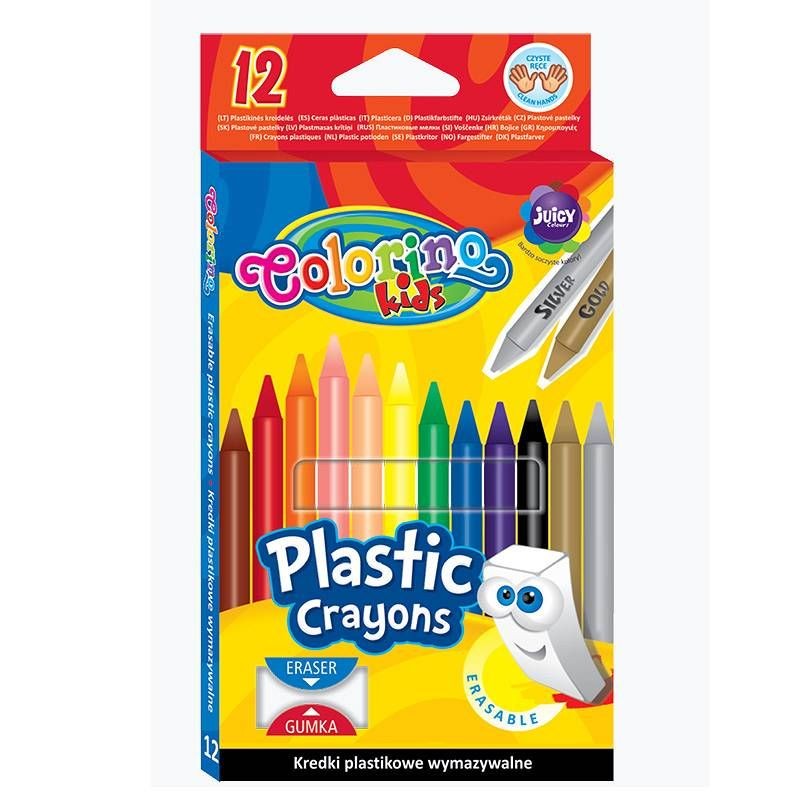 Kredki świecowe okrągłe plastikowe wymazywalne z gumką 12 kol. Colorino Kids 12 sztuk